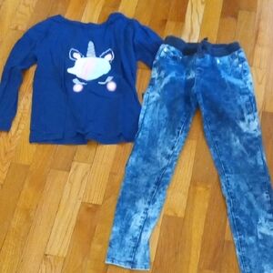 girl 10 acid wash skinny jeans and long sleeve unicorn tee